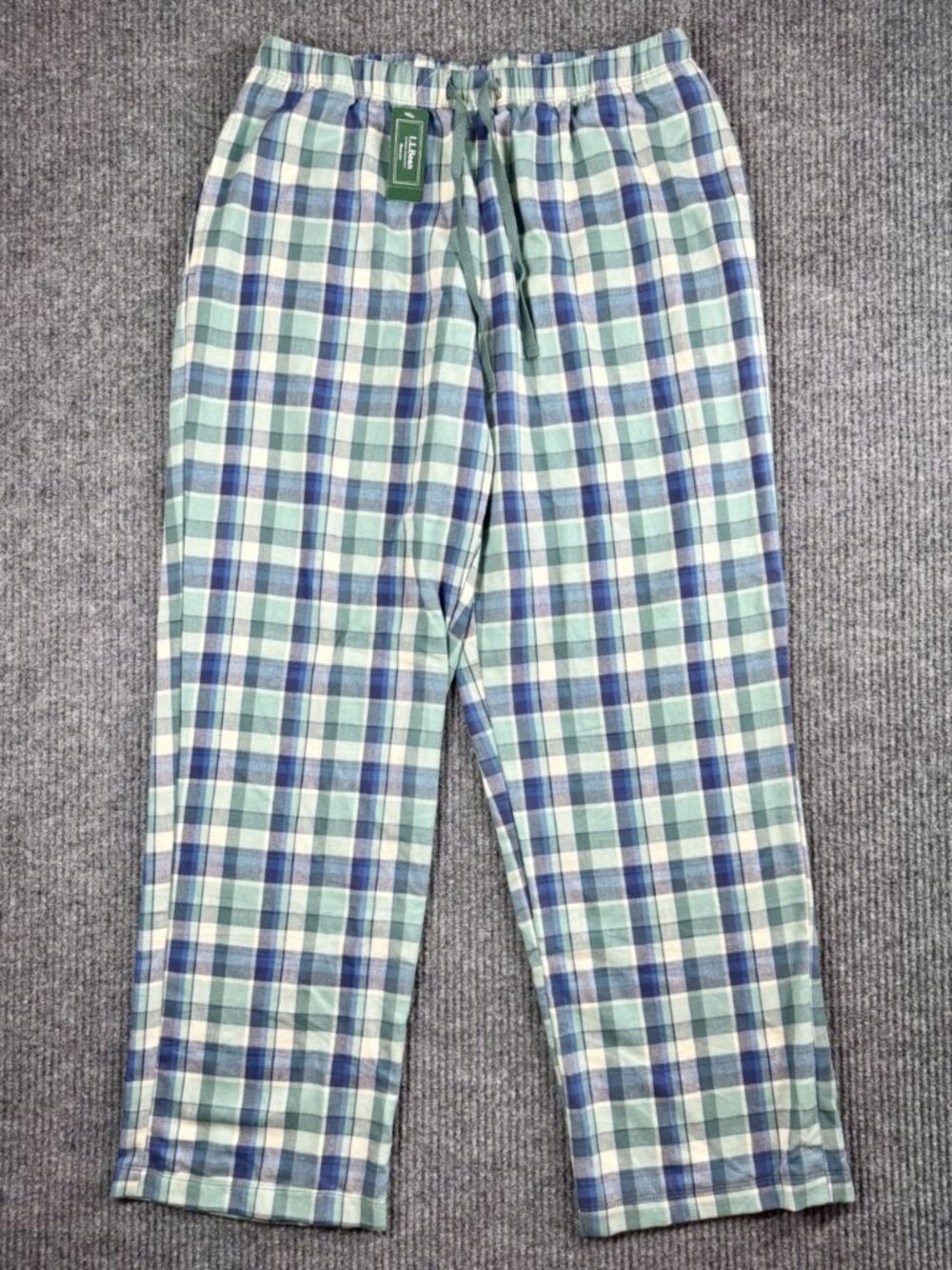 LL Bean Flannel Pajama Pants Womens Medium Blue Green Plaid Pjs Cotton Cozy NEW